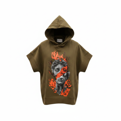 Flame Skull Graphic Hoodie Olive Green – Front Ghost Mannequin