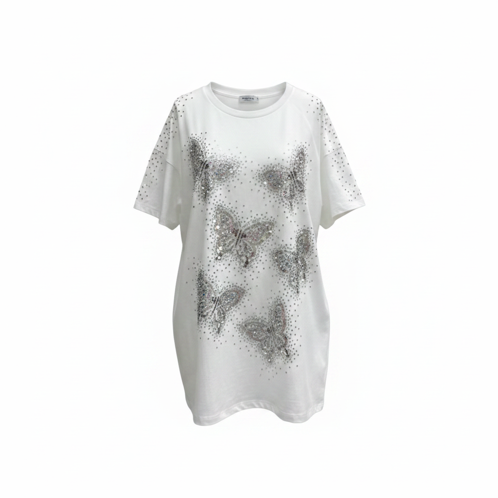Rhinestone Butterfly Print Oversized T-Shirt – Ghost Mannequin White