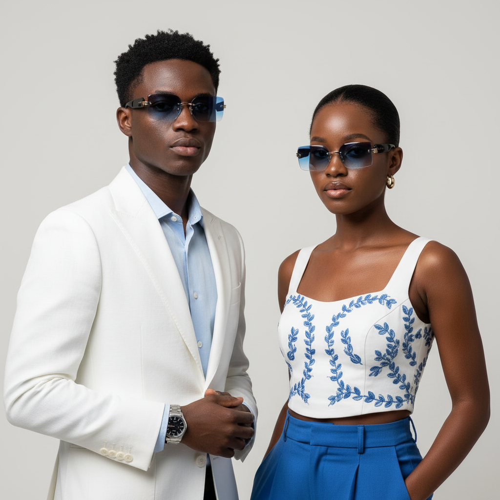 Male and female model lifestyle shot — Rimless Rectangular Sunglasses Gold Bridge Black Temple Blue