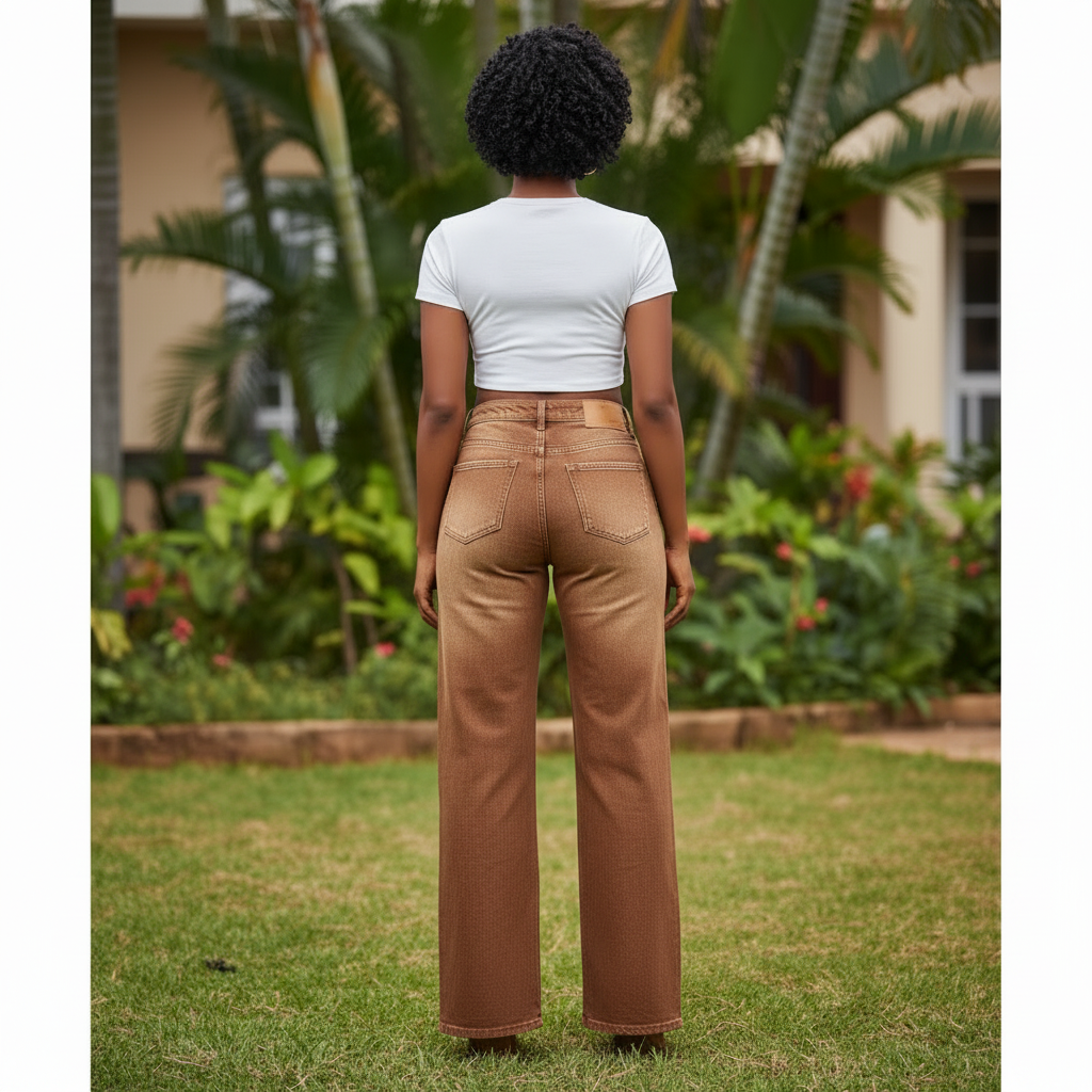 Brown High-Waist Wide-Leg Jeans - Nigerian Female Model Back View