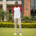 Men's white and red raglan body-hug tee - Nigerian male model shot