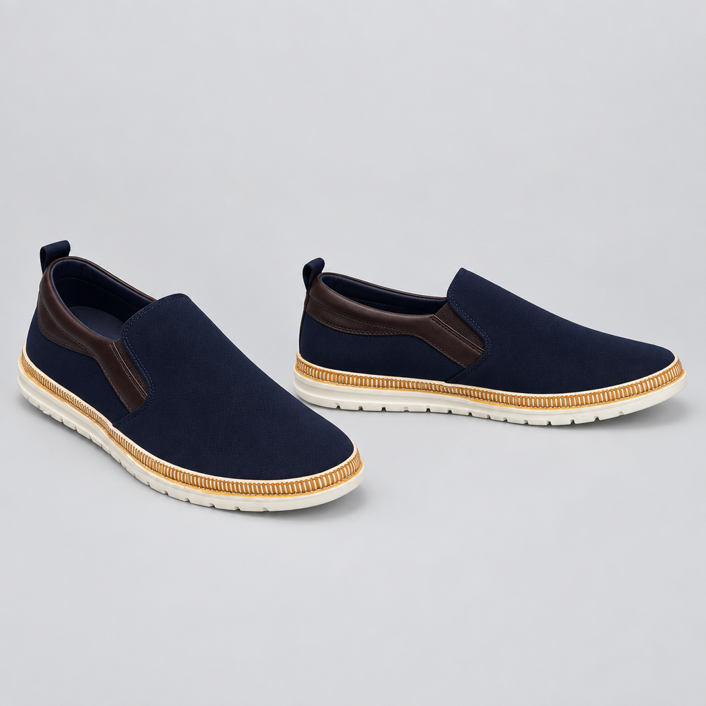 Men's navy brown collar tan welt slip-on shoes, front and side view