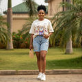Women's cream teddy bear rhinestone oversized tee - female model shot