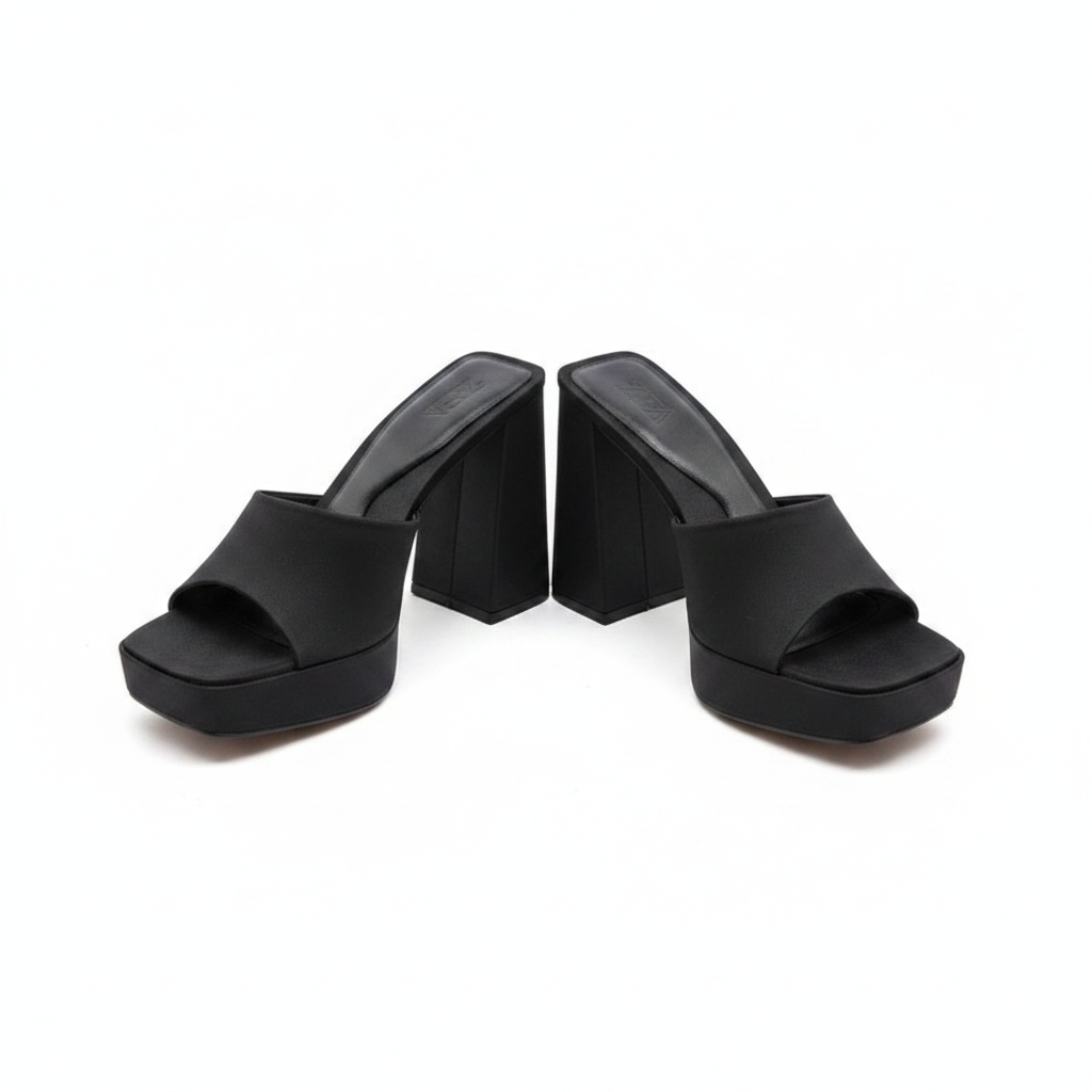 Women's black open-toe block heel platform mule slipper — ghost mannequin view, no feet