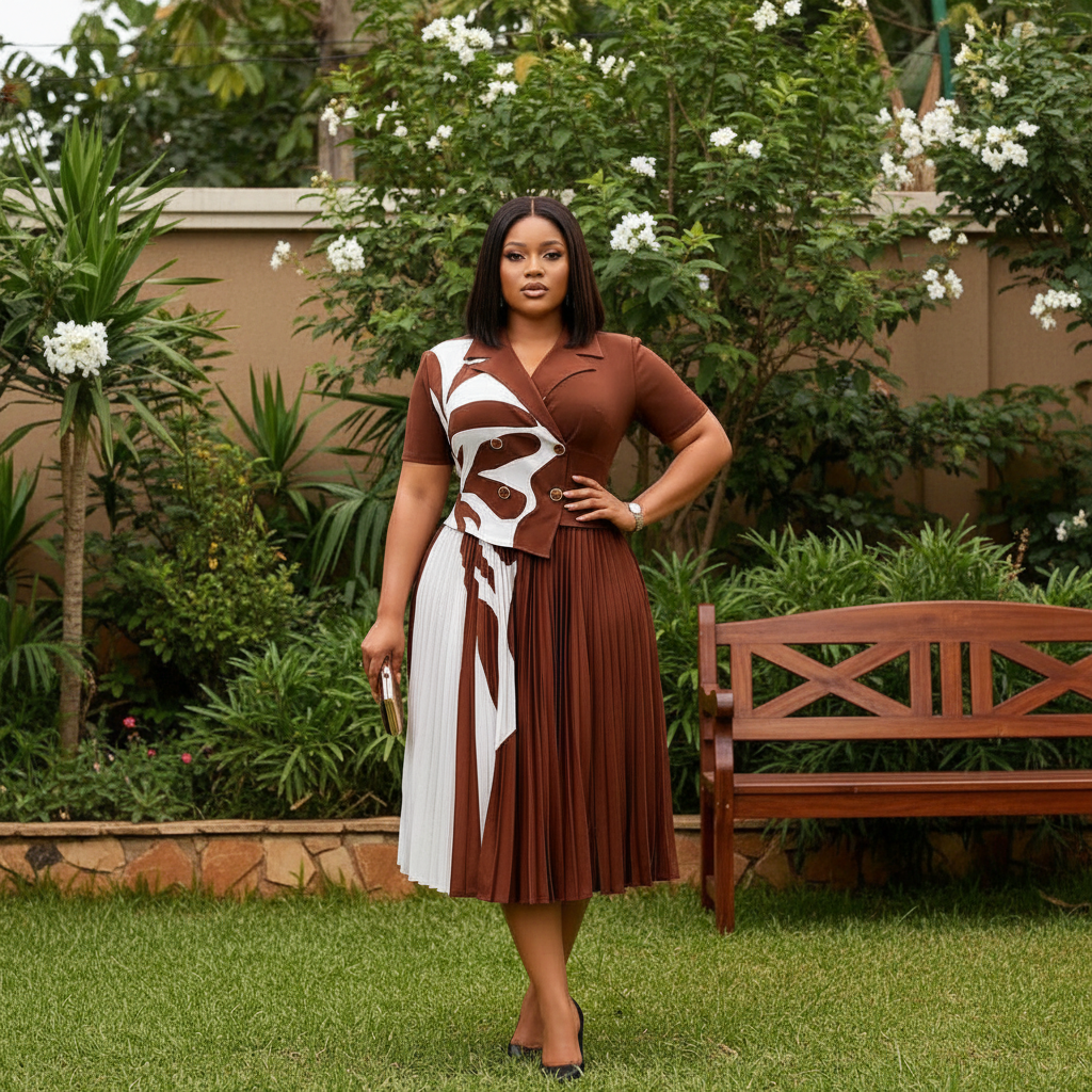 Nigerian female model wearing warm brown and white abstract print colour-block pleated midi gown in upscale garden setting