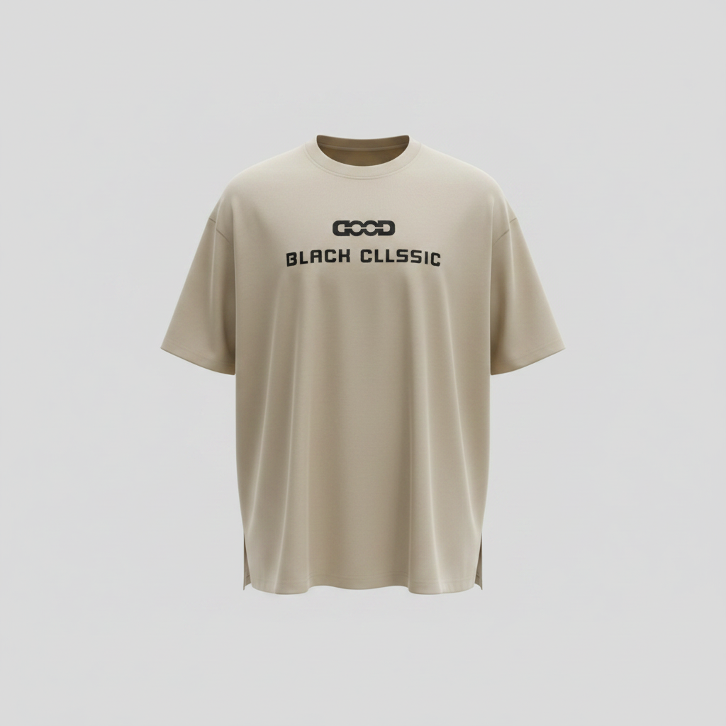 Men's beige classic graphic T-shirt on a ghost mannequin