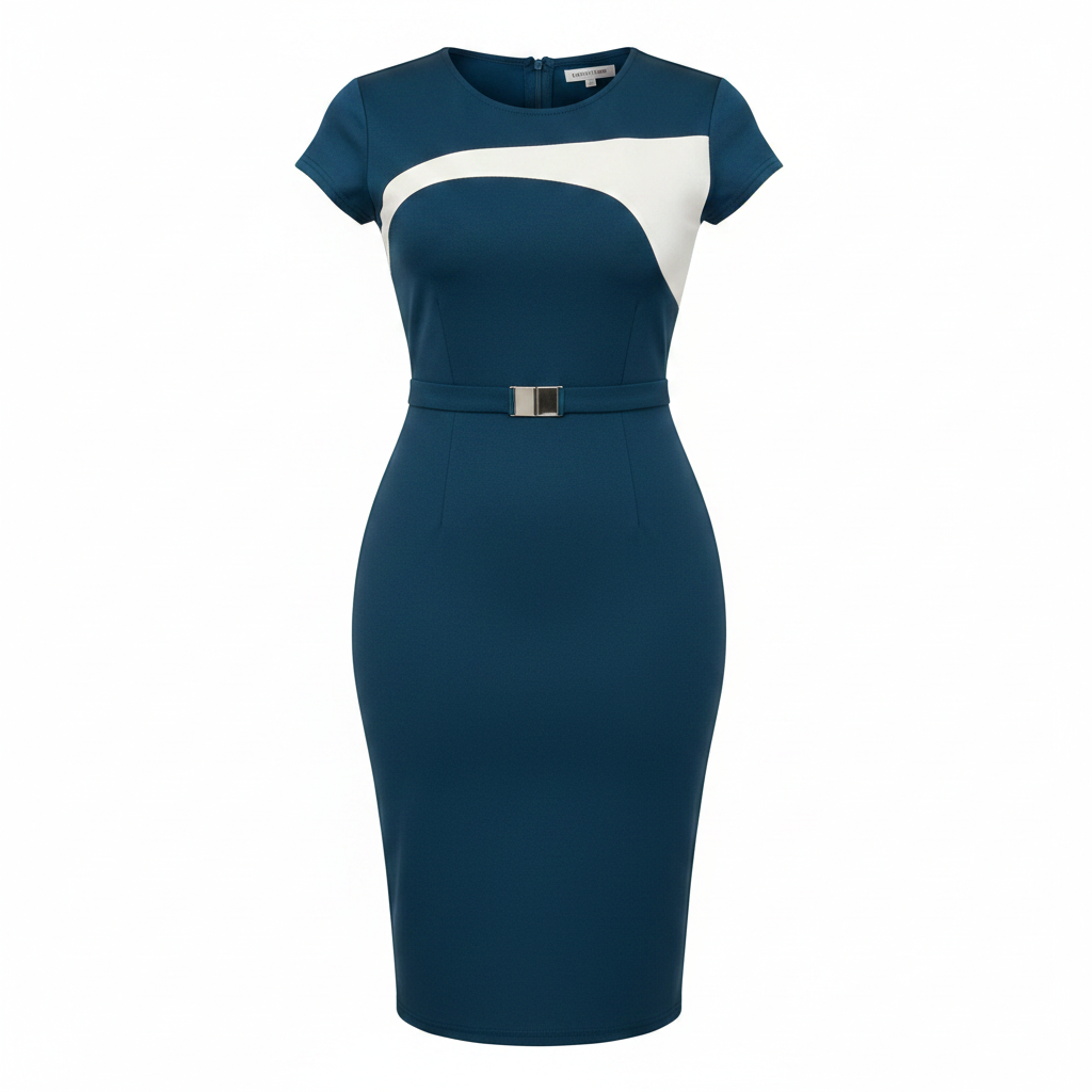 Ghost mannequin view of Women's Teal & White Colour-Block Belted Short-Sleeve Bodycon Midi Dress