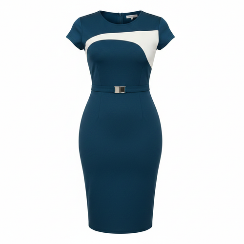 Ghost mannequin view of Women's Teal & White Colour-Block Belted Short-Sleeve Bodycon Midi Dress