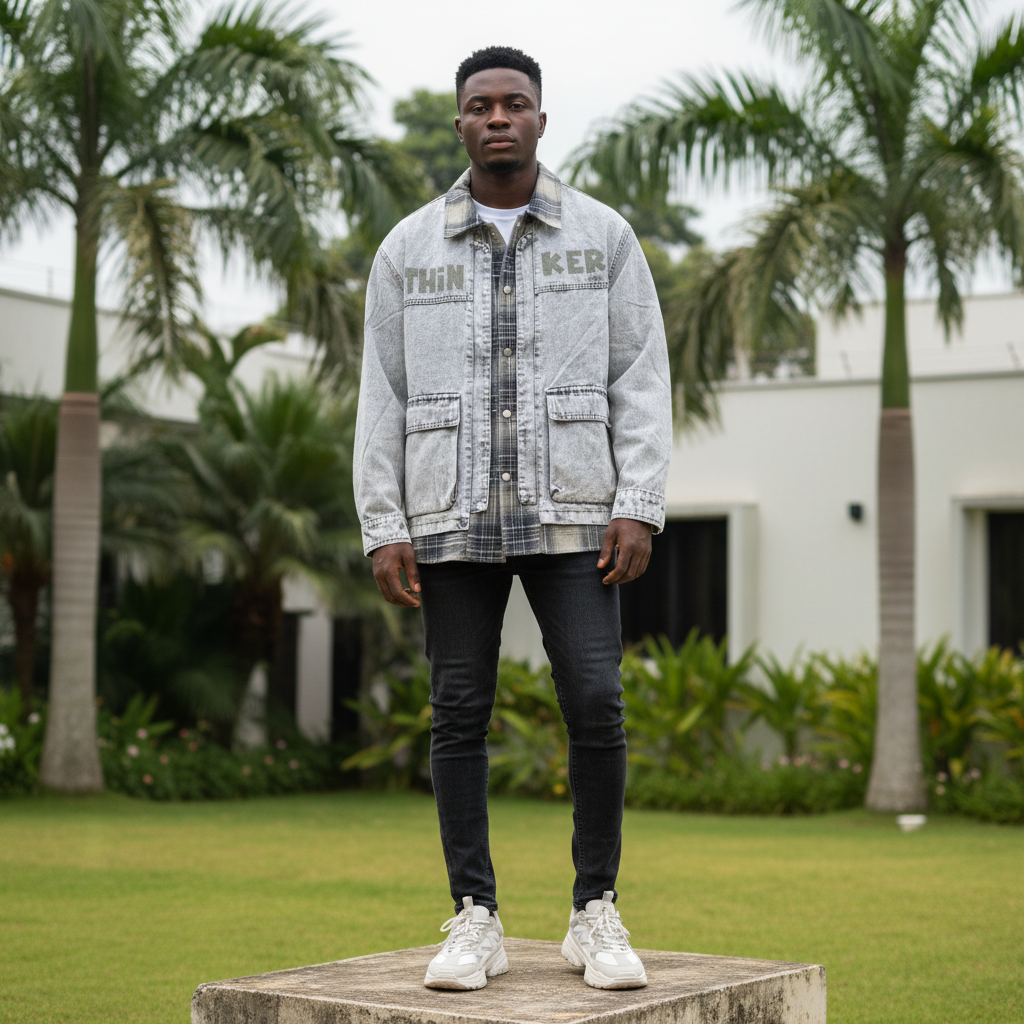 Nigerian male model wearing acid wash layered plaid collar denim jacket — full body street style