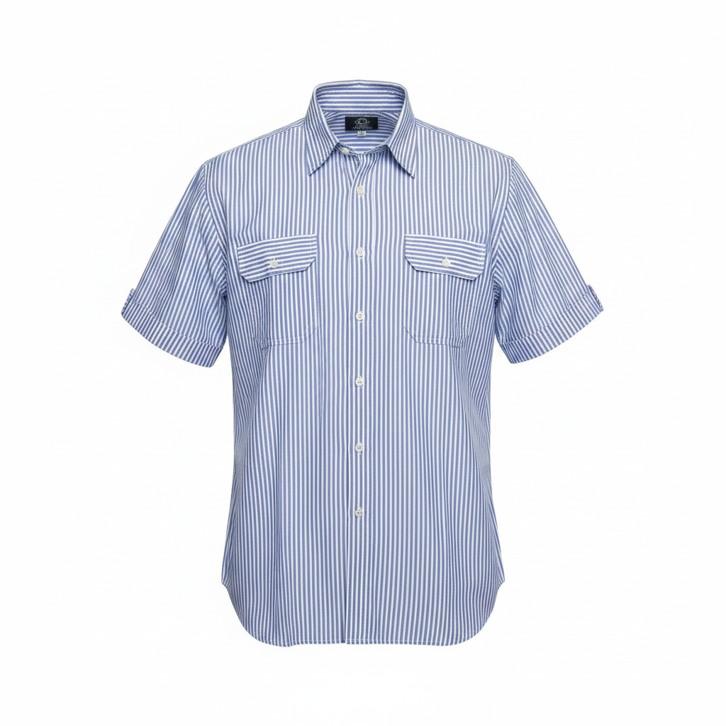 Blue White Striped Short-Sleeved Shirt - Ghost Mannequin Front View