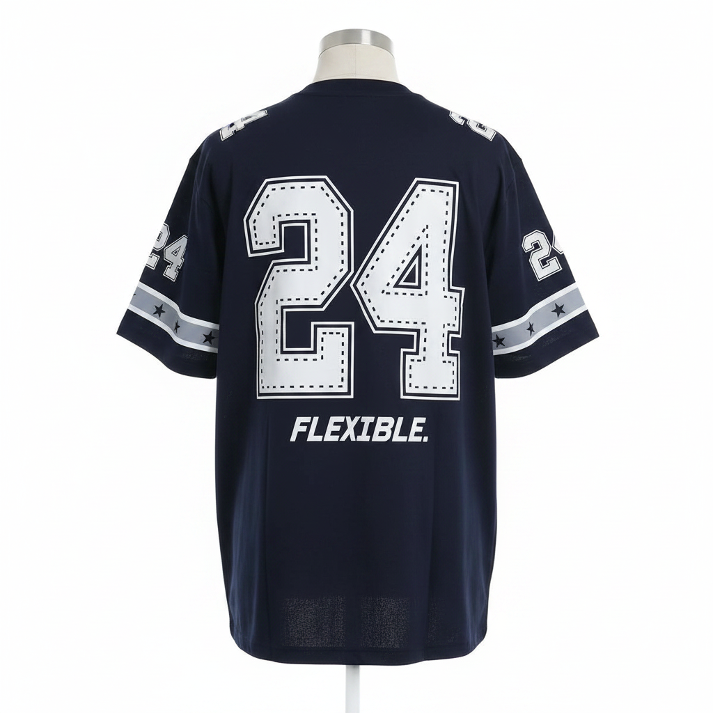 Ghost mannequin back view of navy blue #24 varsity jersey shirt