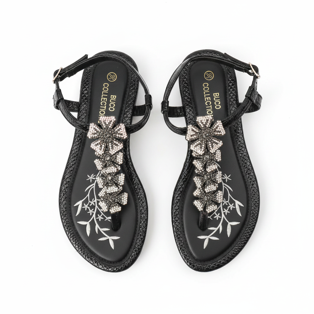 Buco Collections Black Rose Crystal Flat Sandals – Catalog Shot