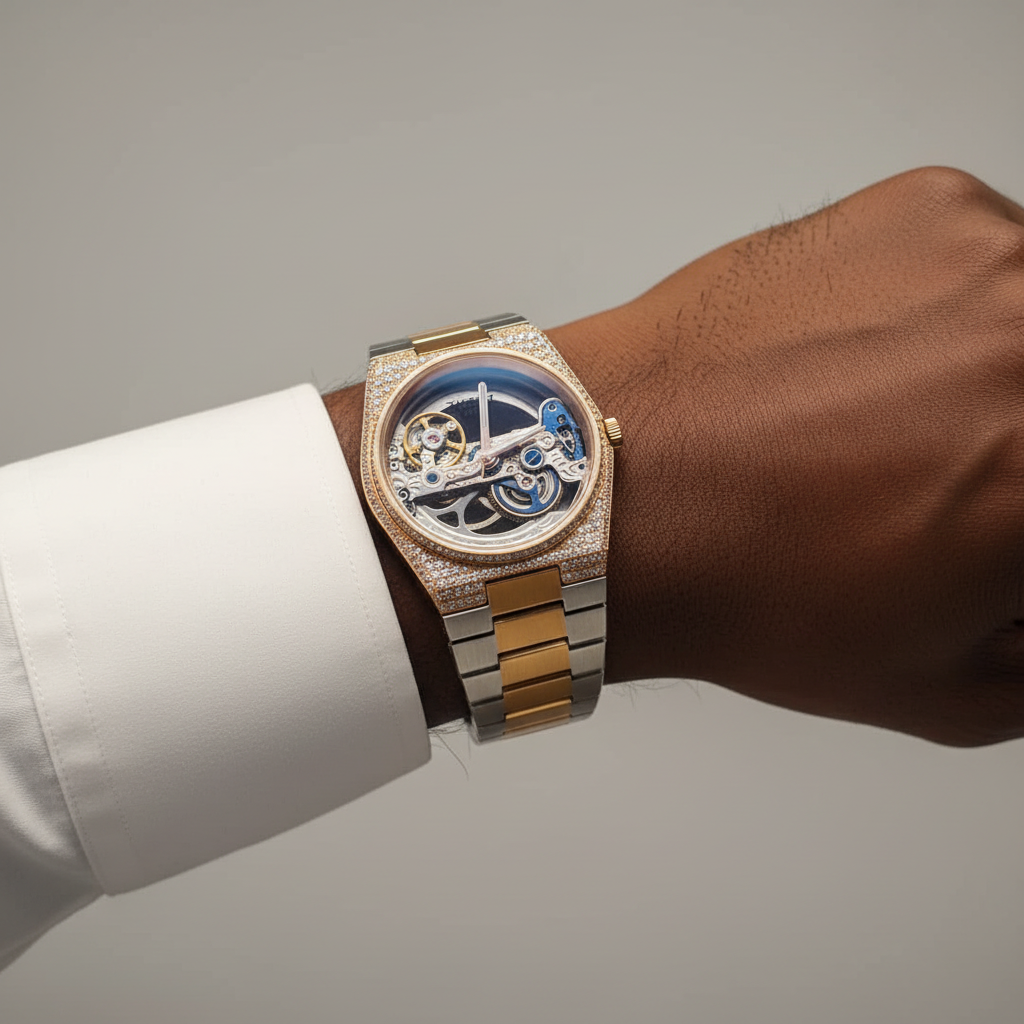 Nigerian male model wrist shot — two-tone yellow gold iced-out diamond skeleton watch