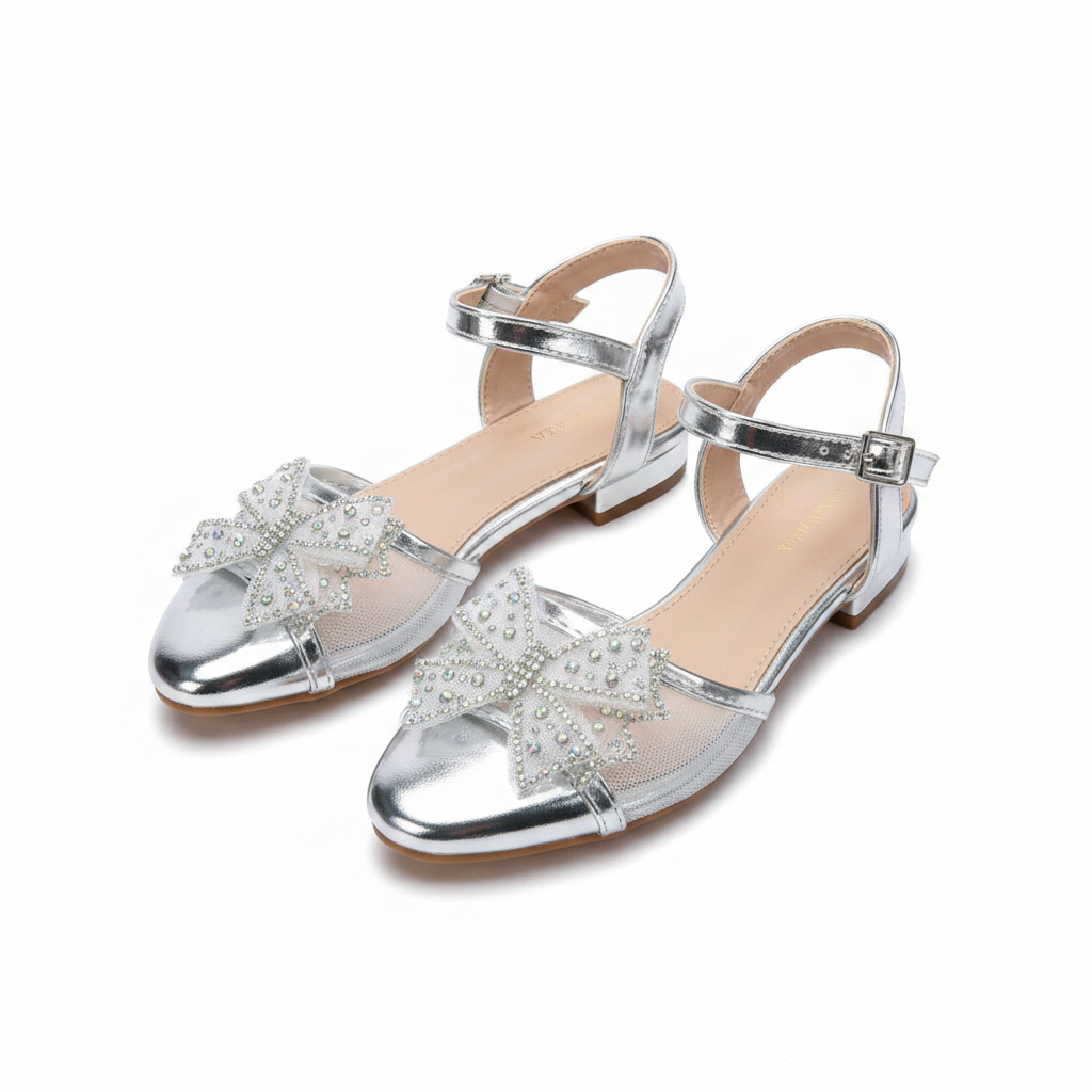 Girls silver metallic floral rhinestone flat sandal ghost mannequin pair view