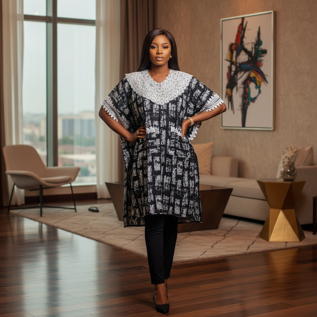 Black & White Abstract Kaftan Floral Crochet Lace Collar – Model Shot