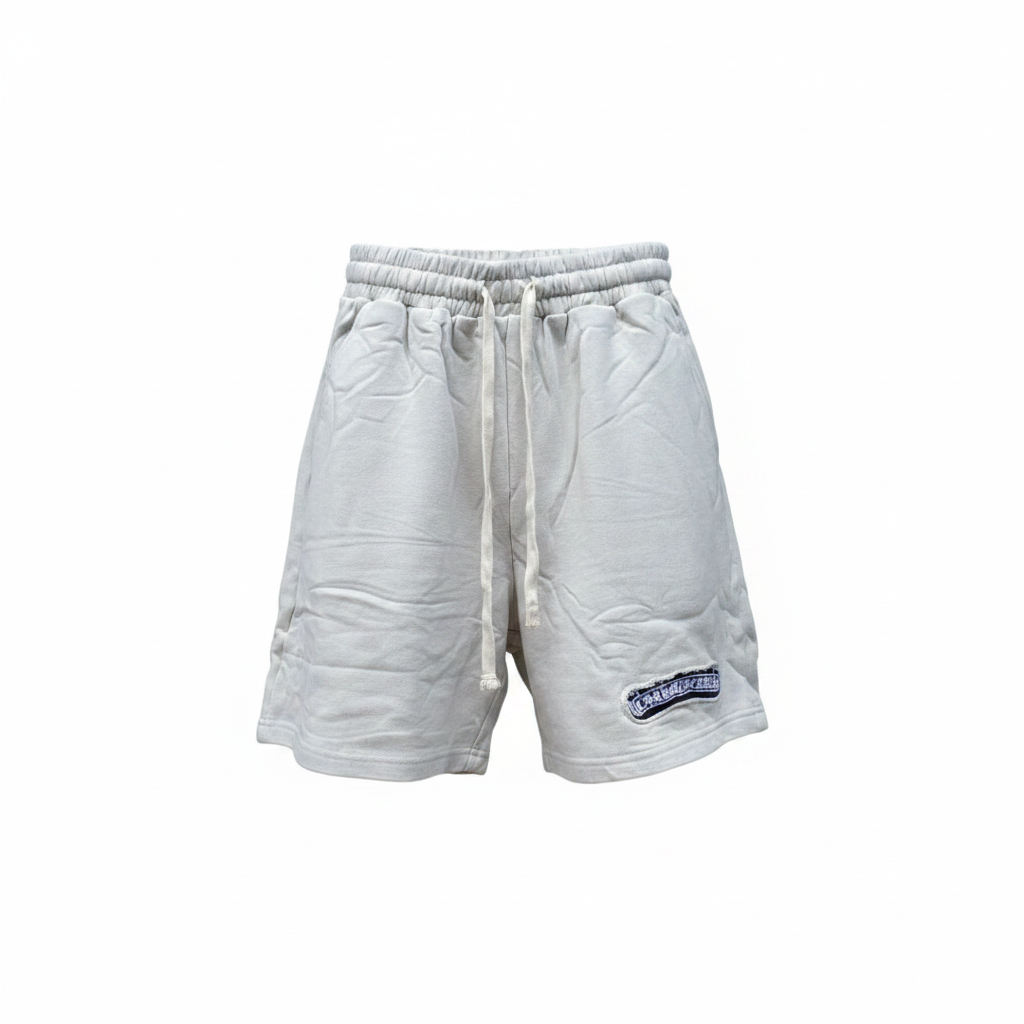 Men's off-white gothic patch heavy fleece shorts — ghost mannequin front view