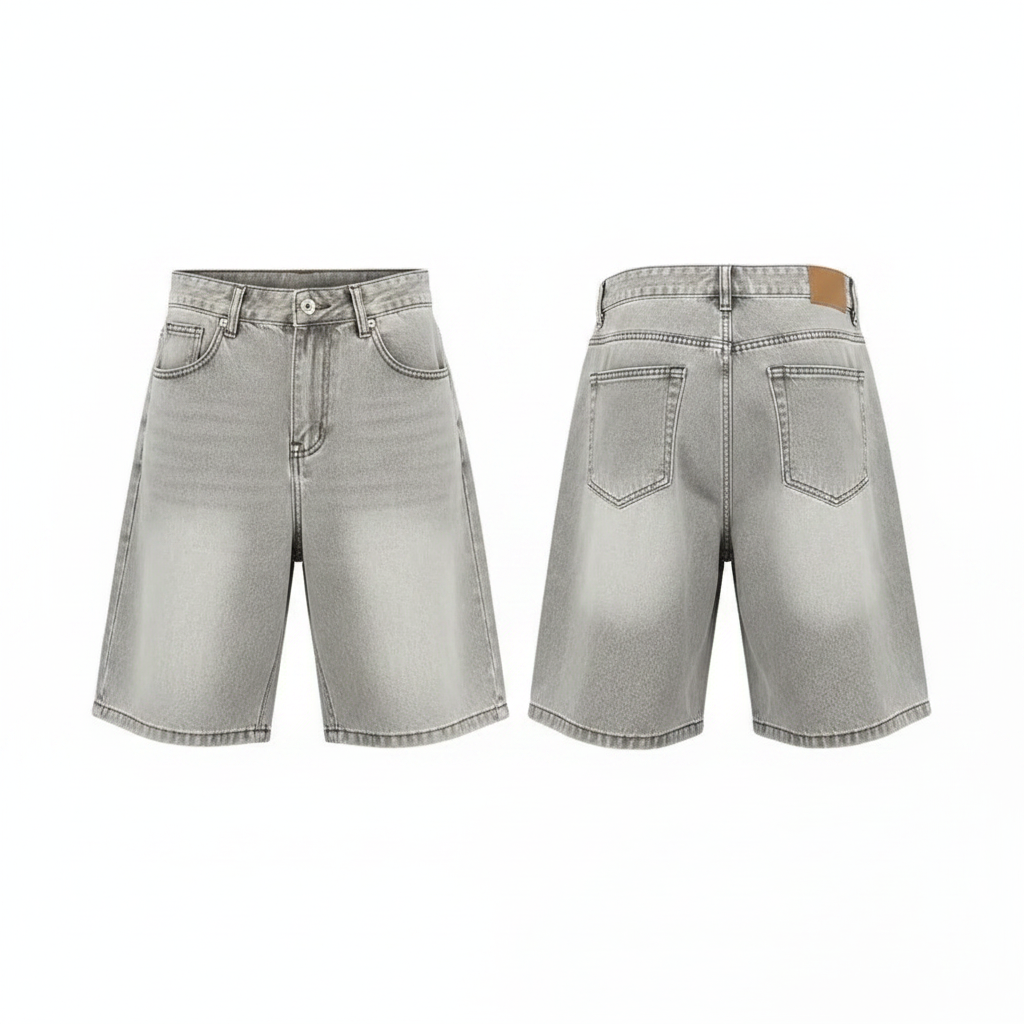 Men's light grey silver washed wide-leg denim shorts ghost mannequin front and back view