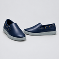 Men's navy blue gold eyelet slip-on sneakers, front and side view