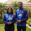 Nigerian female and male models wearing the royal blue lightning-bolt long-sleeve retro football jersey