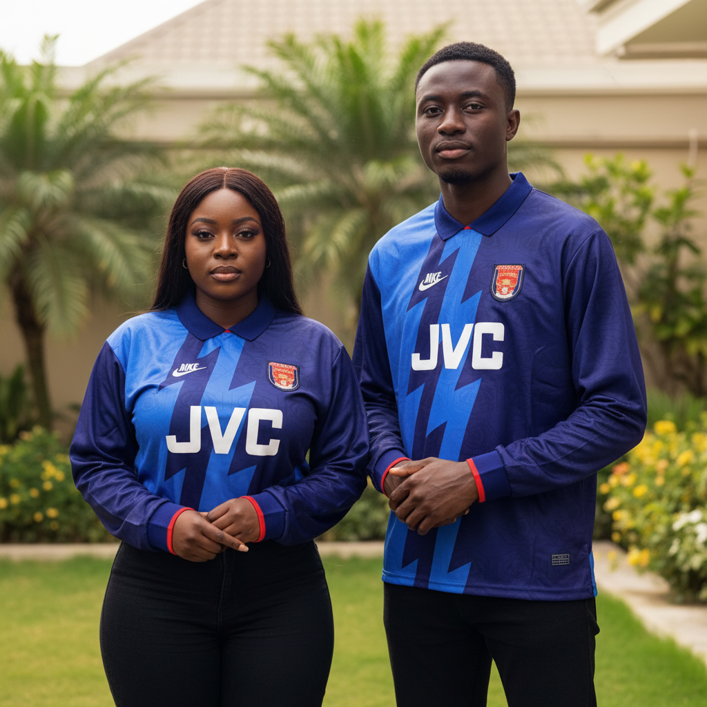 Nigerian female and male models wearing the royal blue lightning-bolt long-sleeve retro football jersey