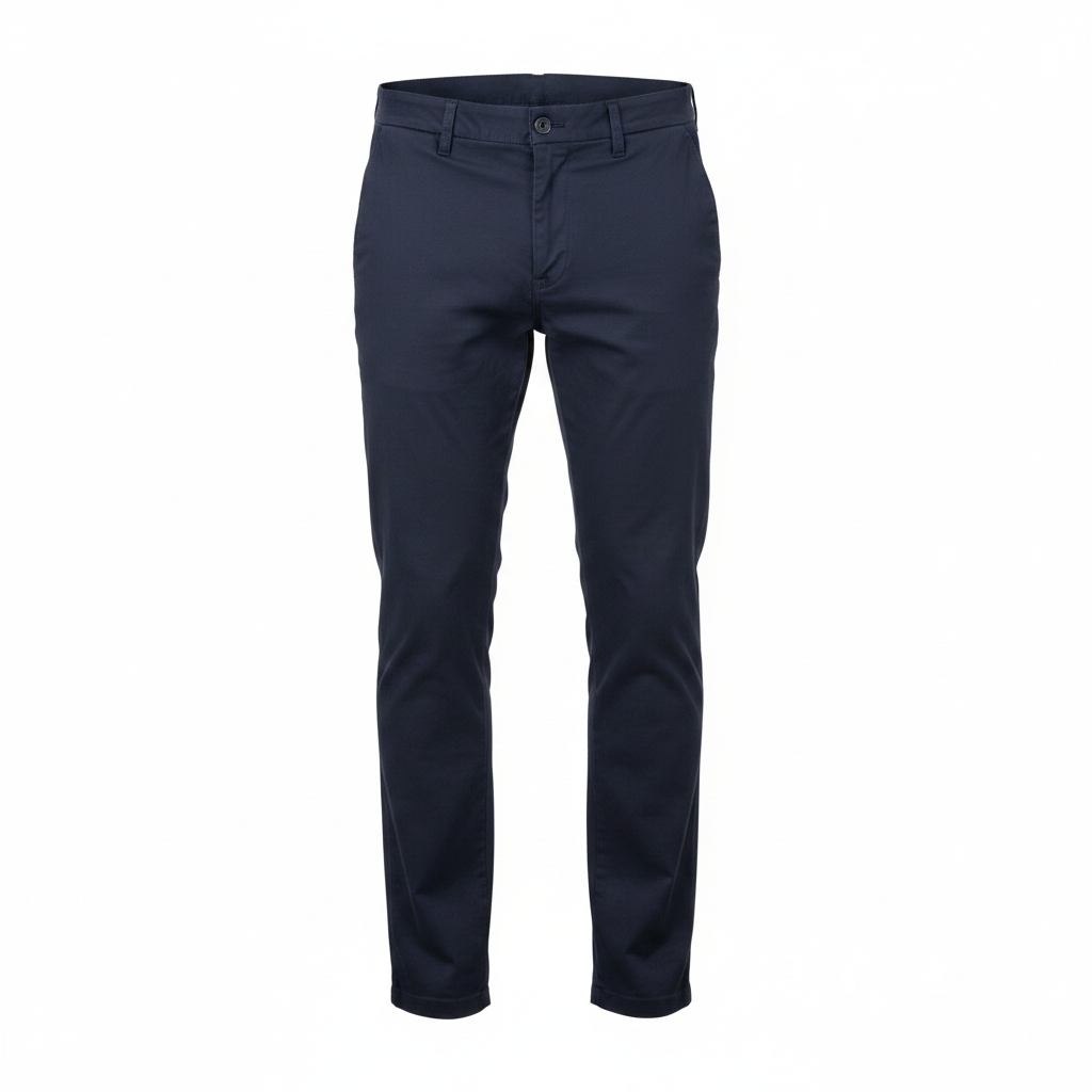 Navy blue chino trousers on ghost mannequin, white background