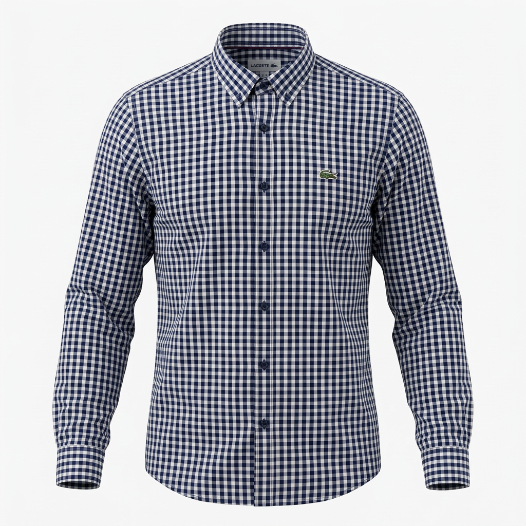 Navy and white gingham long-sleeve shirt on an invisible mannequin with natural folds and a three-dimensional shape on white
