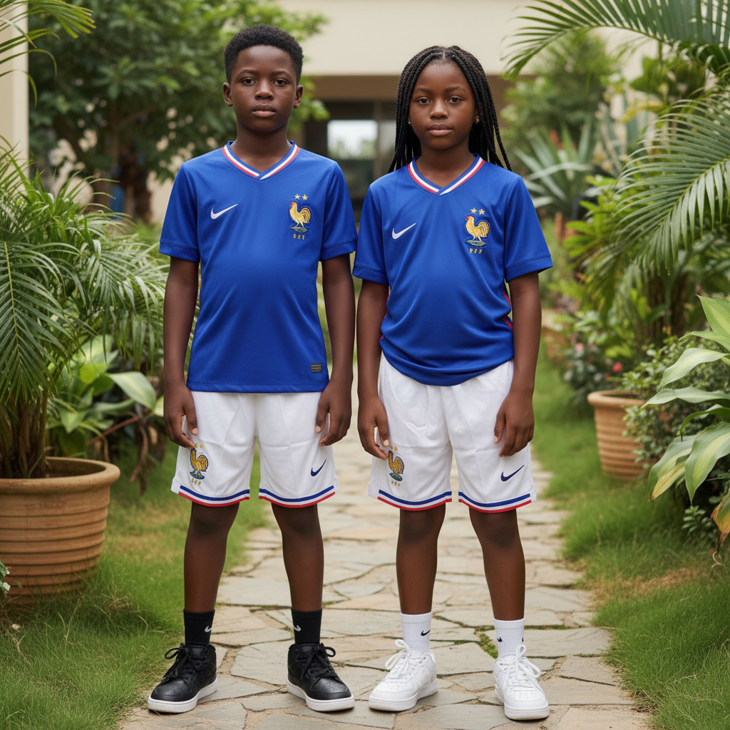 Nigerian boy and girl wearing royal blue kids football jersey and white shorts set