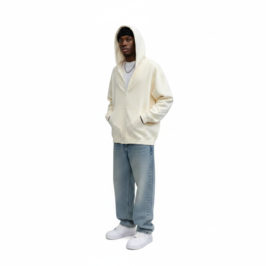 Nigerian model wearing Beauchamp Cream Oversized Zip-Up Hoodie