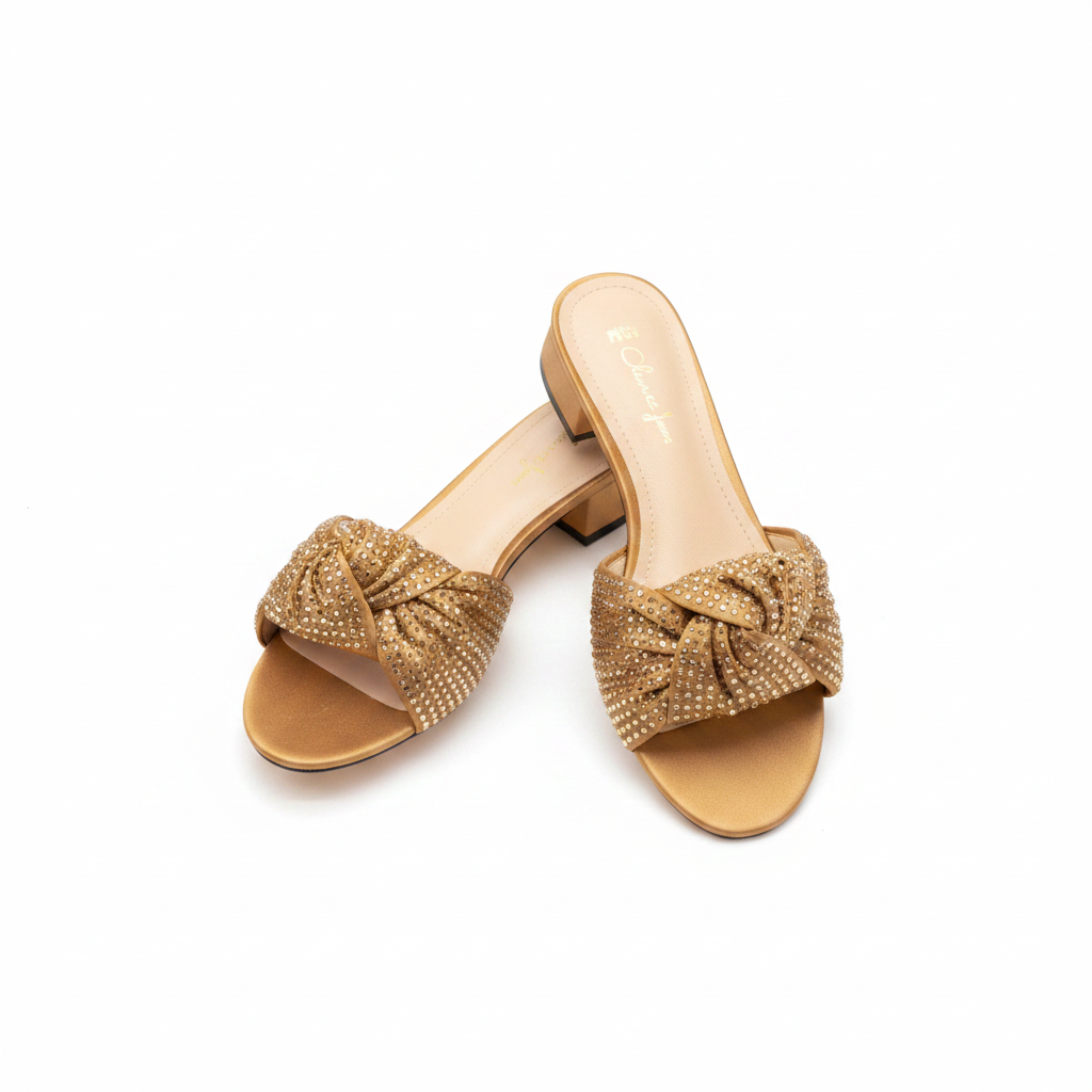 Women's Rhinestone Knotted Bow Slide Slipper - Gold Ghost Mannequin