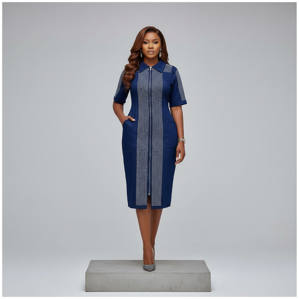 Navy Blue Rhinestone Panel Zip Midi Dress – Front Model
