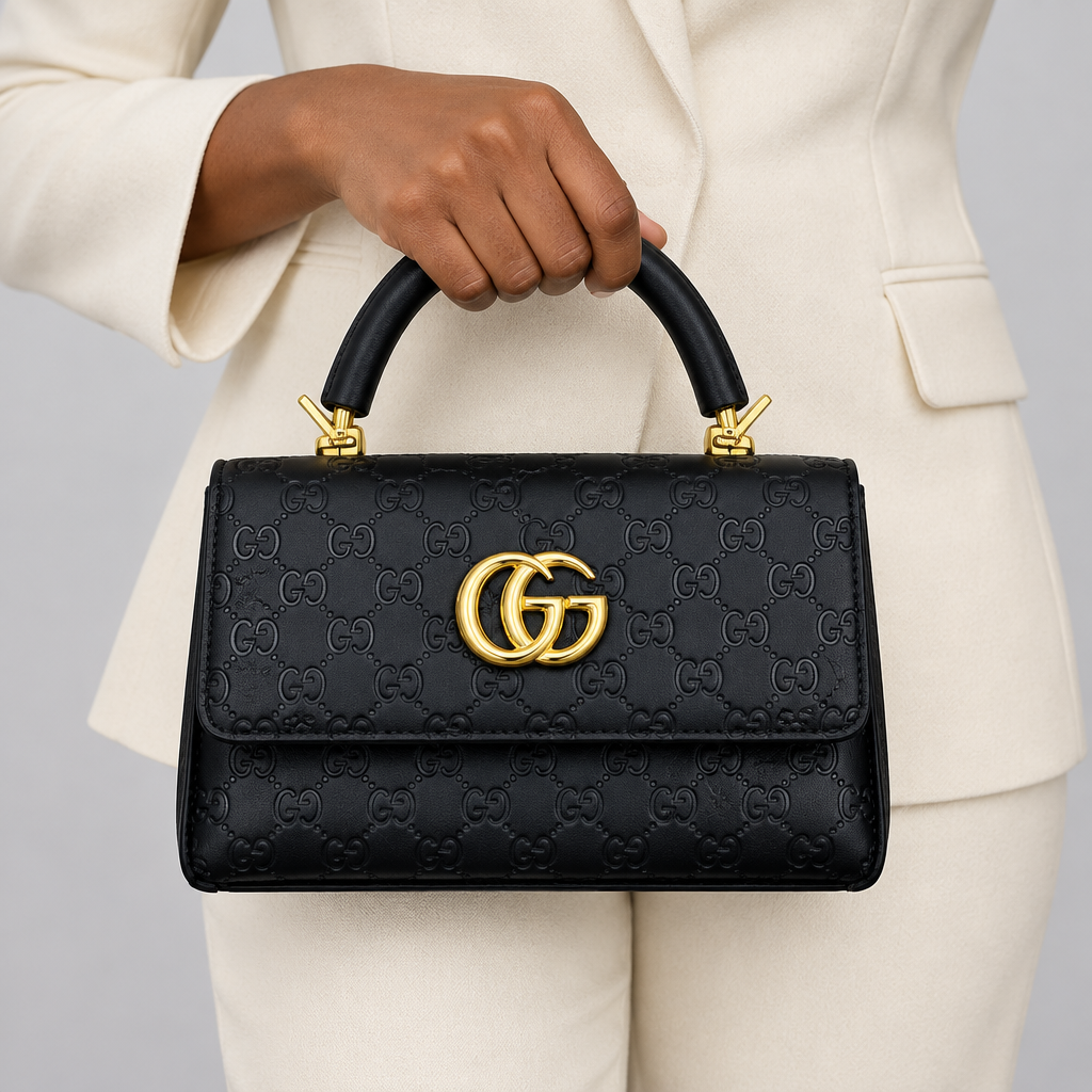 Black embossed handbag held by its top handle