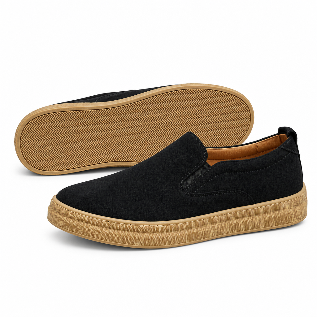 Black suede-look slip-on sneakers pair with gum sole