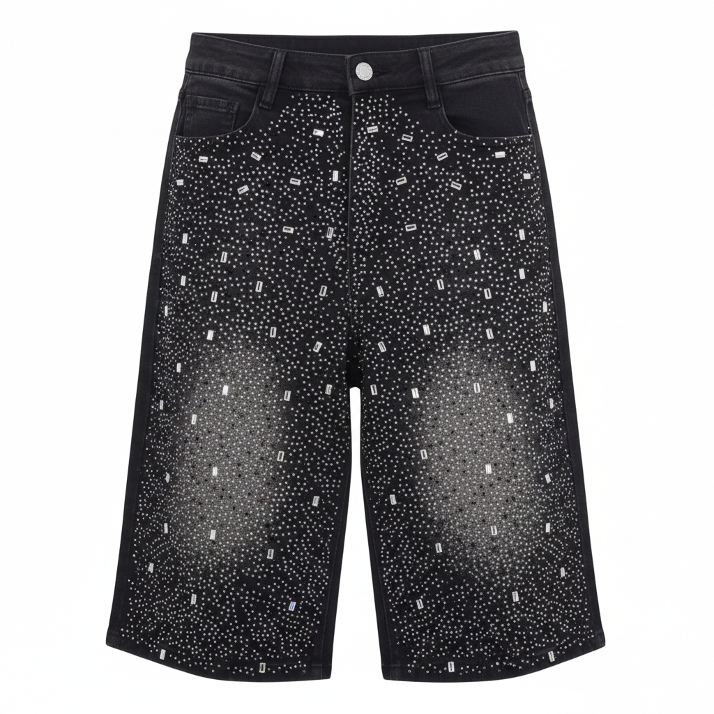 Black Rhinestone Denim Shorts - Ghost Mannequin Front