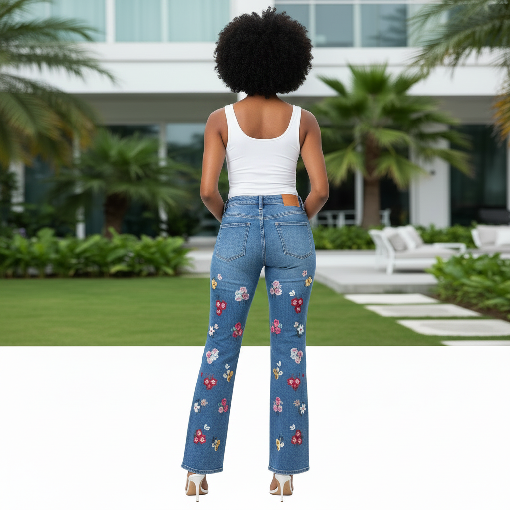 Floral Embroidered Wide-Leg Flare Jeans - Back Model
