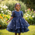 Girls Navy Sequin Floral Tiered Dress - Model Shot