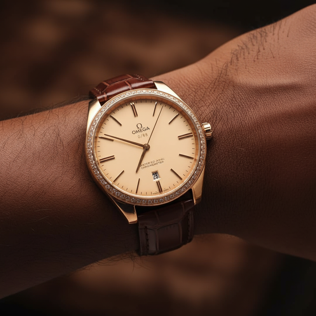 Nigerian man wearing rose gold diamond bezel dress watch with champagne dial and brown leather strap, wrist close-up