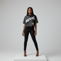 Black Music Graphic Denim Panel Crop Top - Model Front