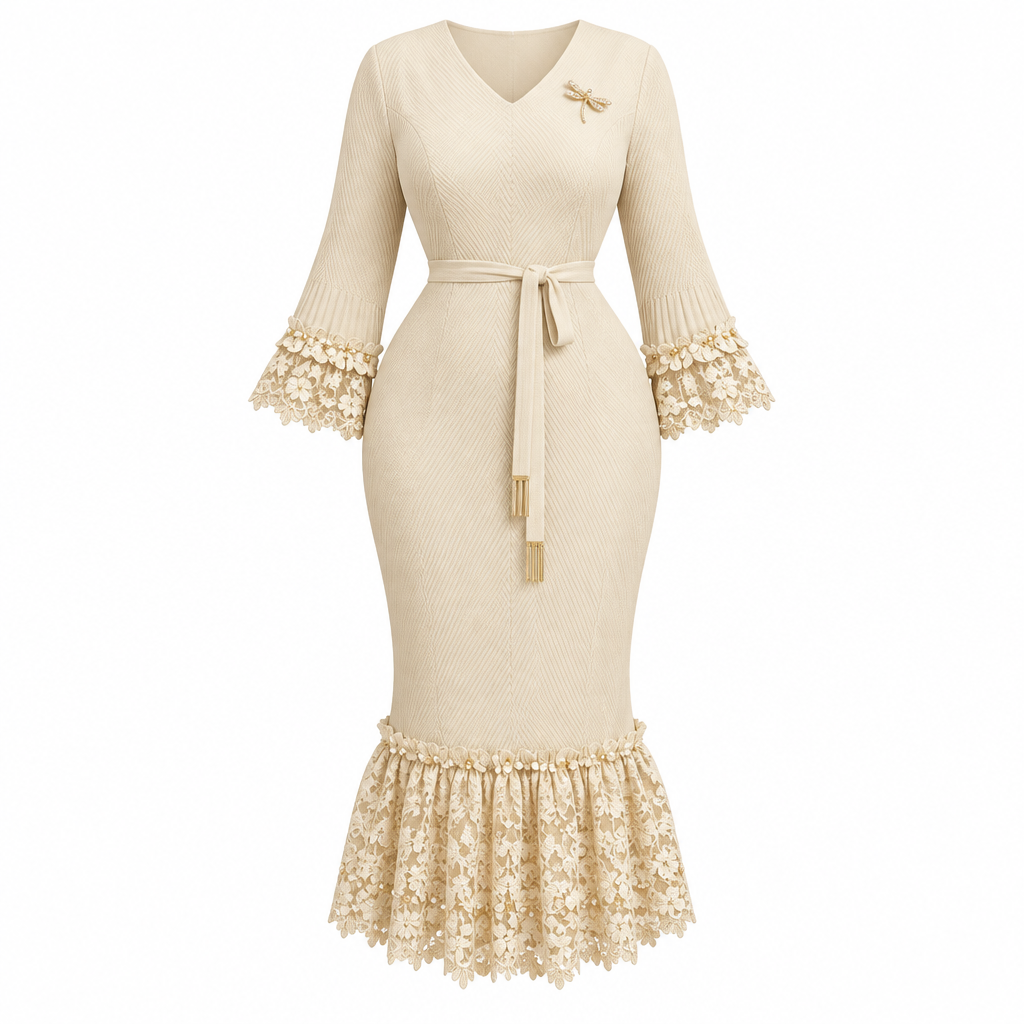 Cream belted lace-flounce occasion dress on white background