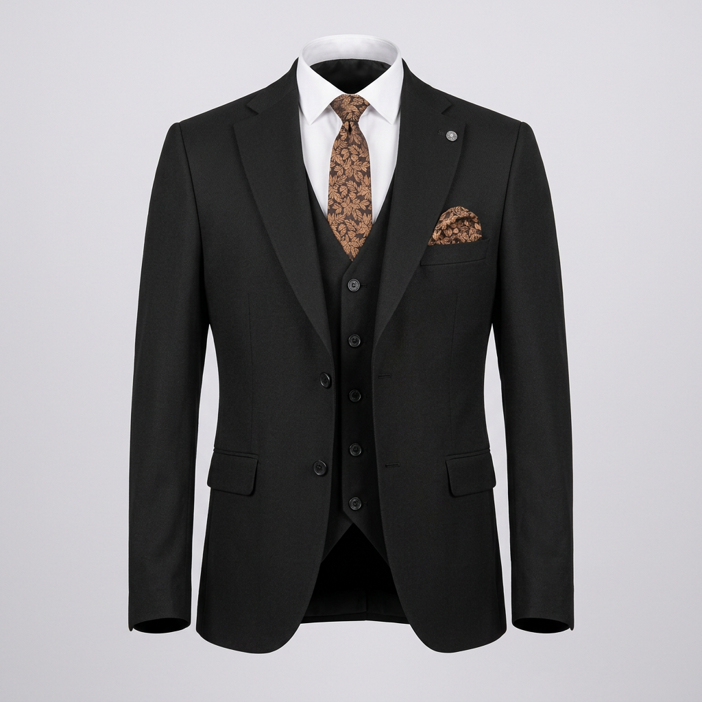 Black notch-lapel suit jacket and waistcoat in ghost mannequin styling