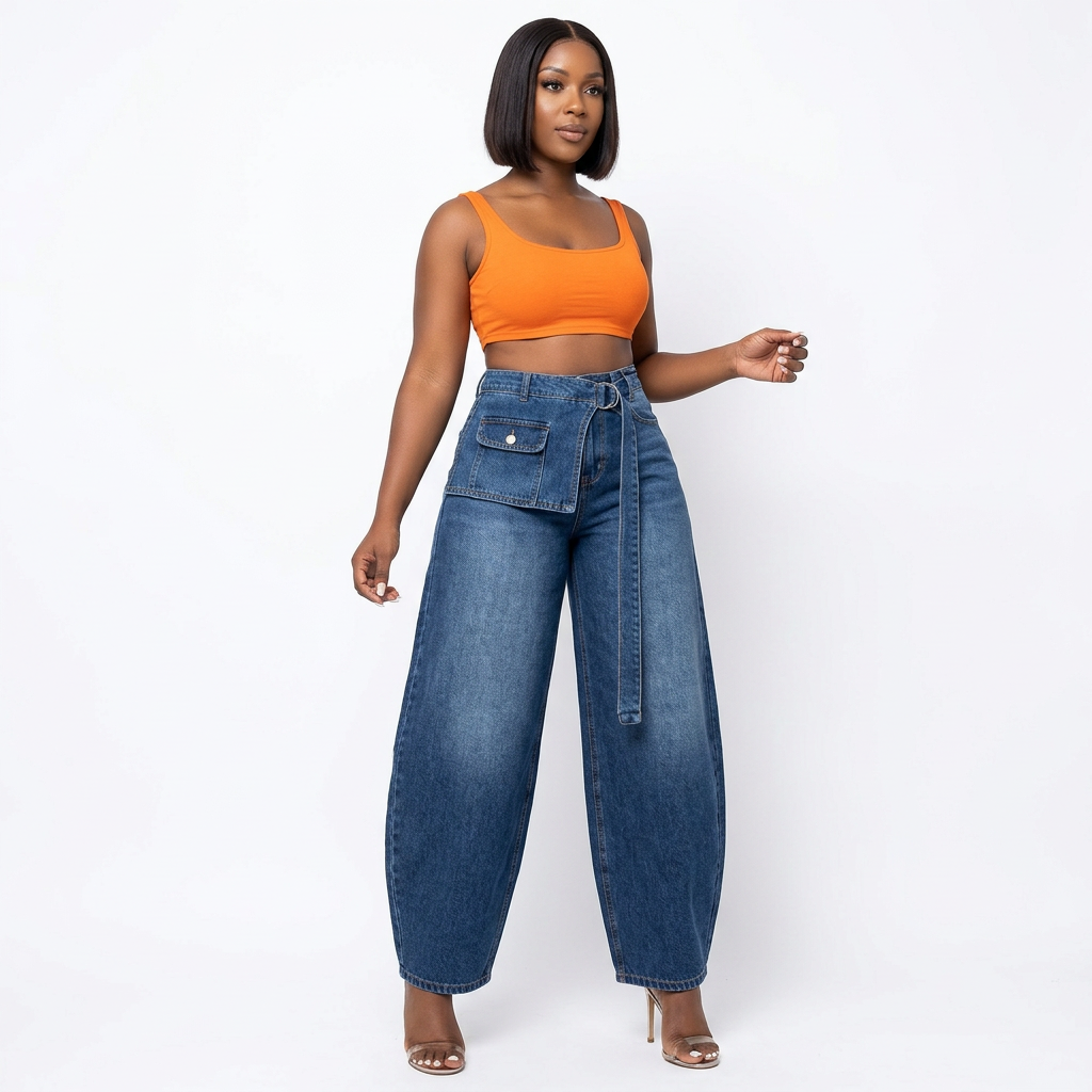 Black female model wearing washed blue belted pocket-panel jeans with an orange top on white
