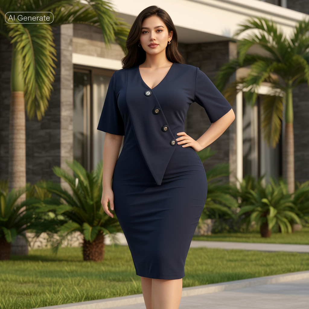 Nigerian female model wearing navy blue asymmetric button placket bodycon midi dress