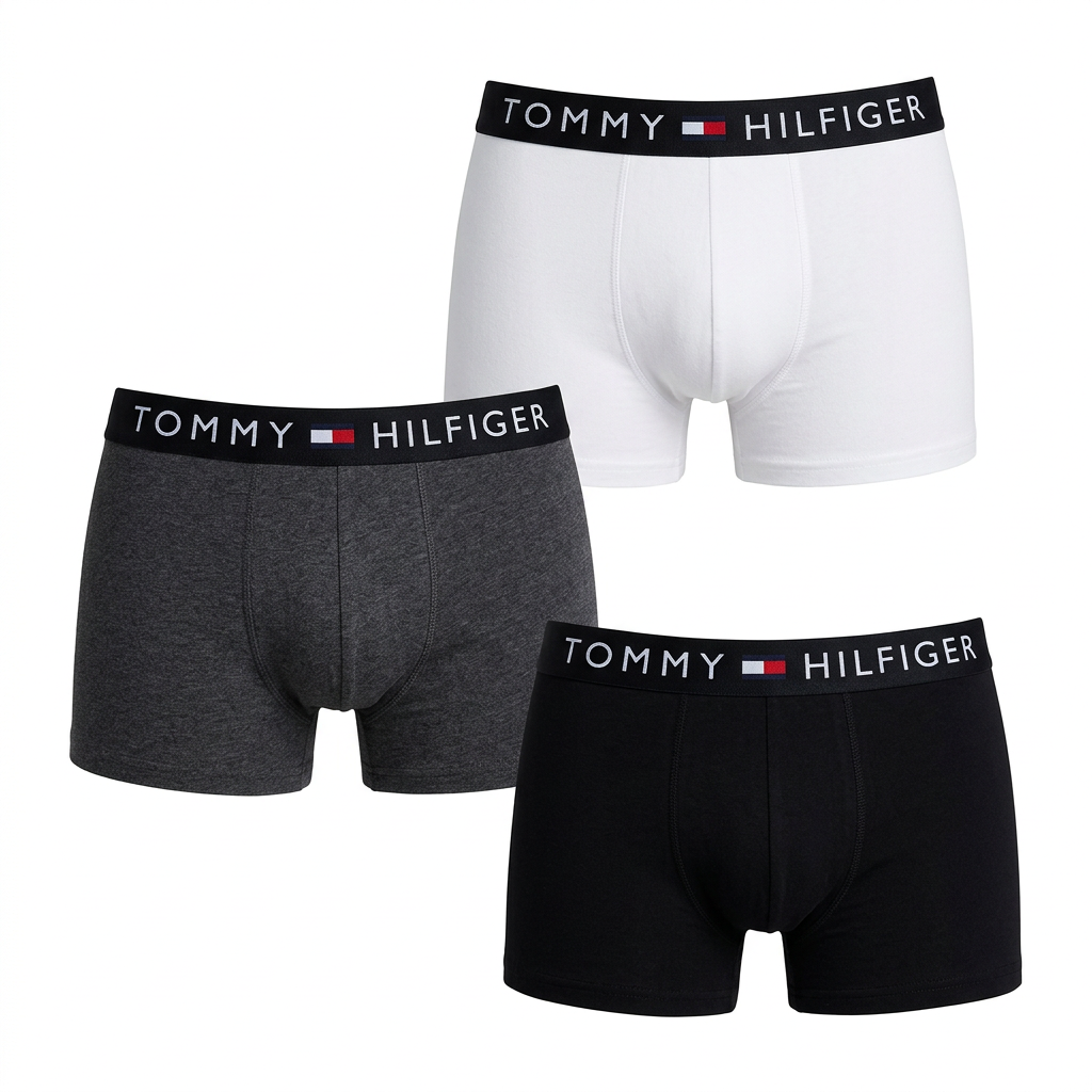 White charcoal and black boxer briefs three-pack on white background