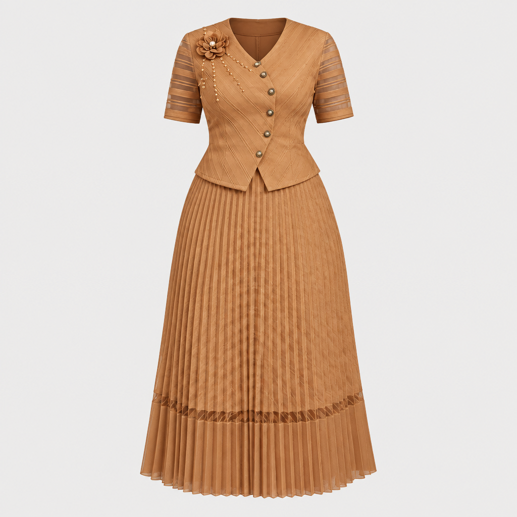 Tan floral-detail pleated dress on invisible mannequin