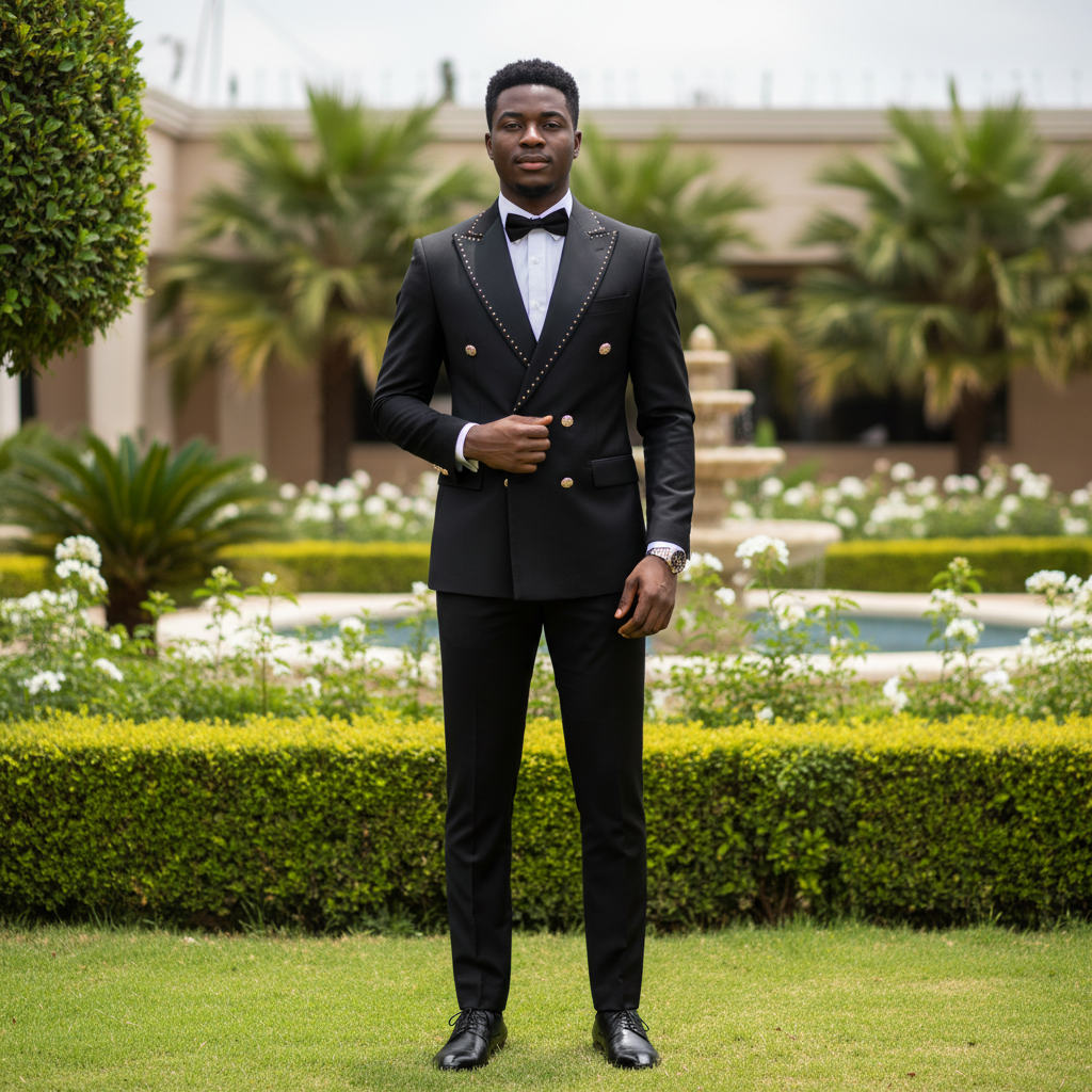 Nigerian male model wearing black double-breasted gold rhinestone lapel trim suit