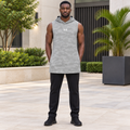 Adult male model wearing grey camouflage sleeveless hooded top