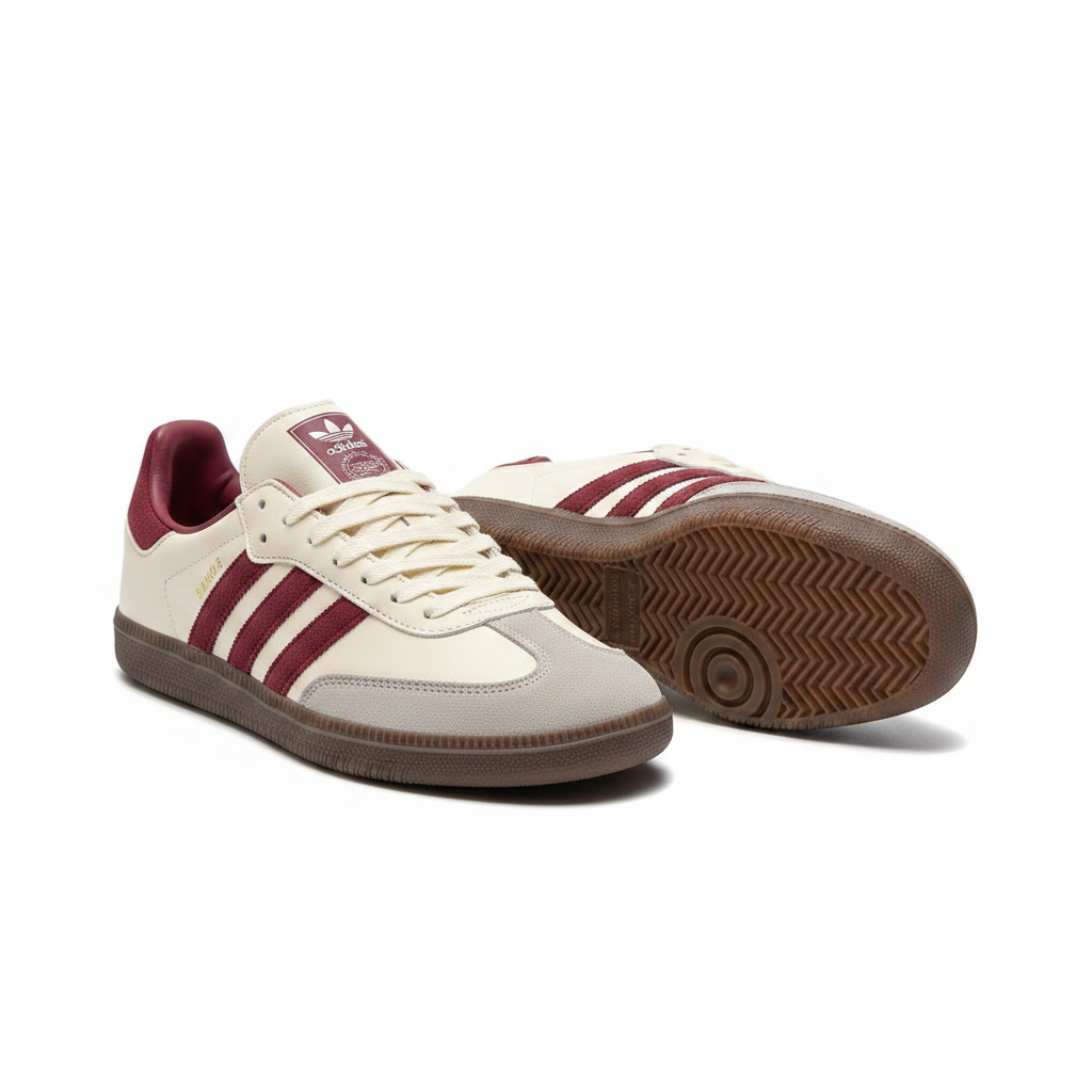 Adidas Samba cream and burgundy leather sneaker ghost mannequin product shot, plain white background