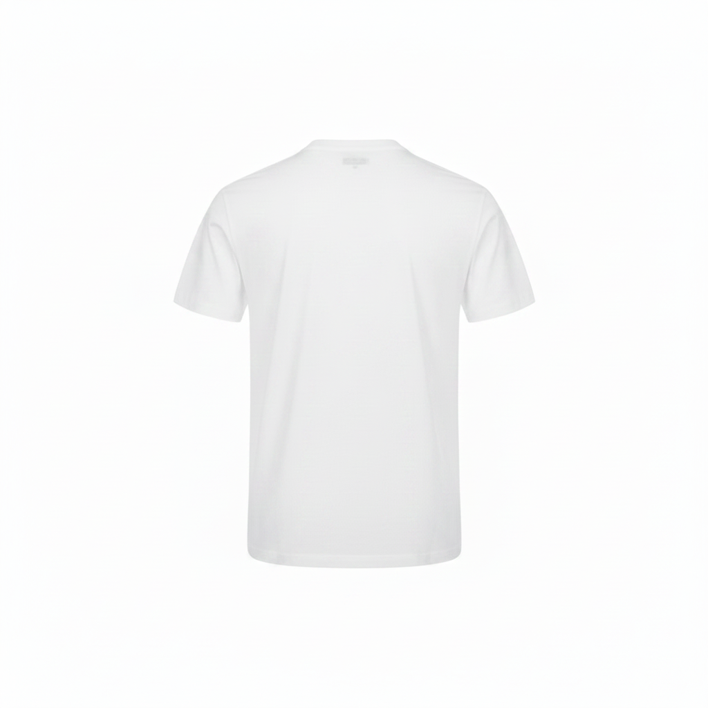 Ghost mannequin back view of white navy graphic print T-shirt