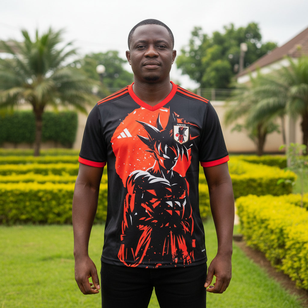 Black red anime warrior graphic football jersey on Nigerian male model