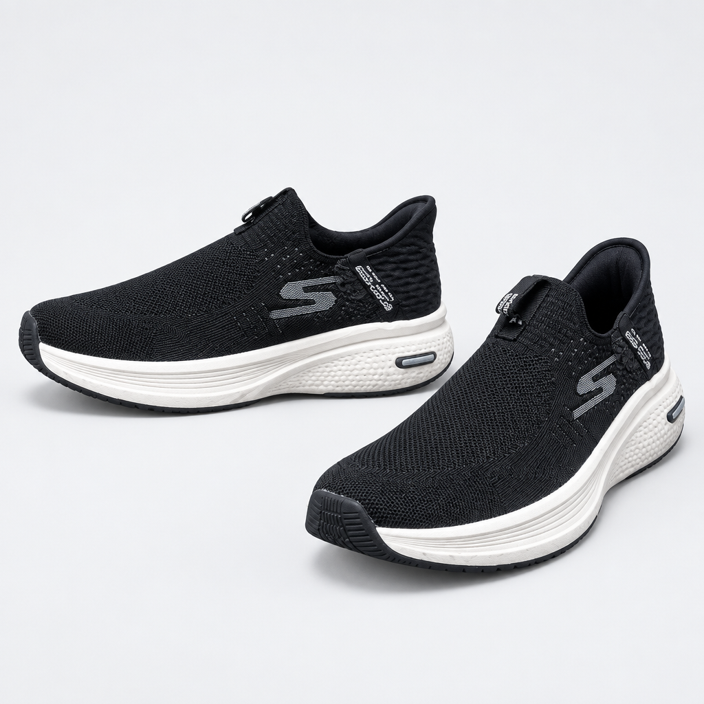 Black knit slip-on sneakers, pair views