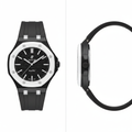 Unisex black octagonal pop watch with white bezel, solid black waffle dial, and clean black rubber strap, front and side view